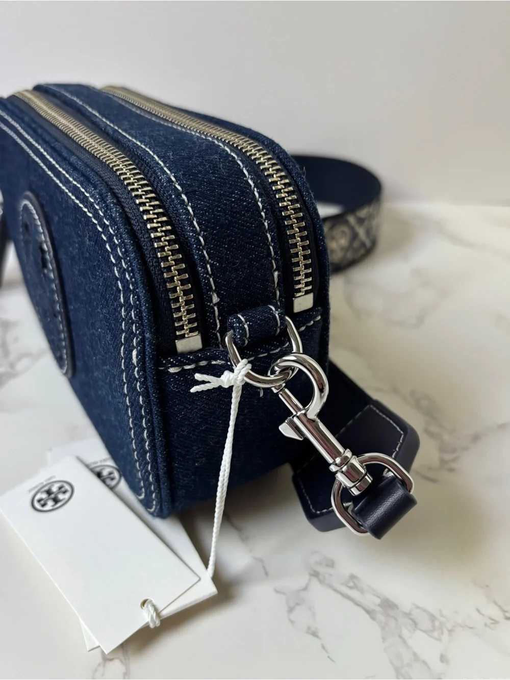 New Tory Burch Mini Miller Denim Crossbody Bag Blue Logo Jacquard Strap